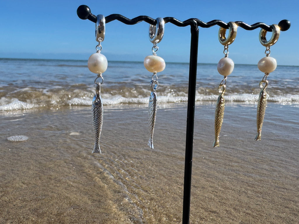 Gold and silver fishy pearl earrings