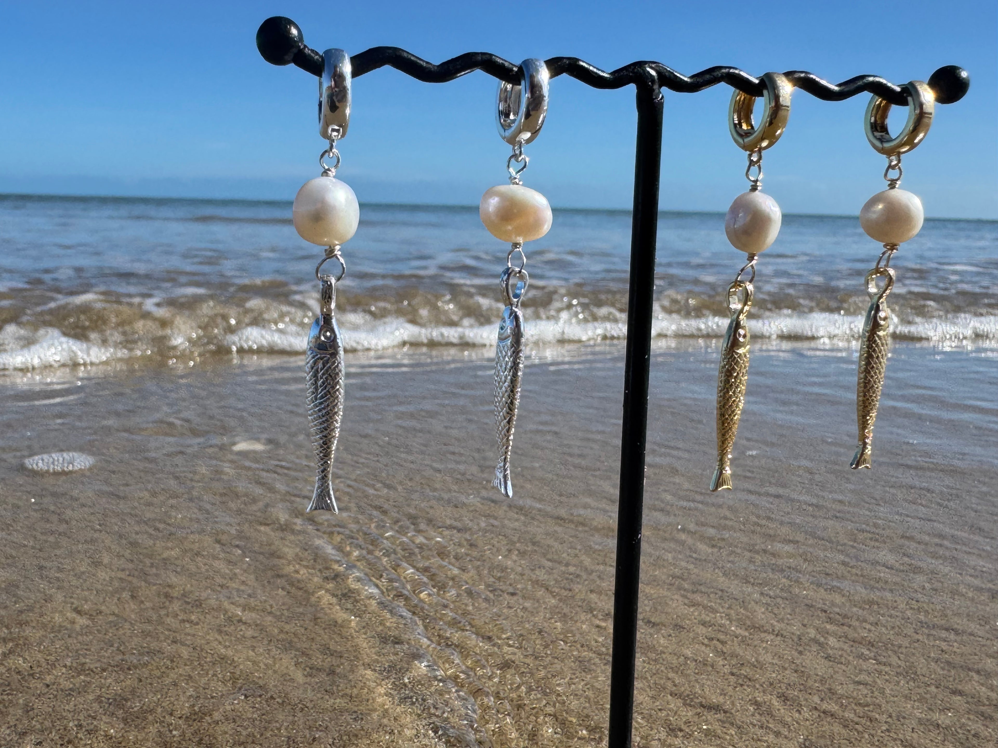 Gold and silver fishy pearl earrings