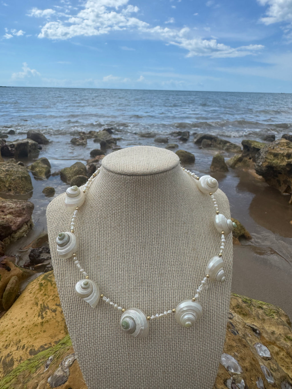Iridescent turban shell choker