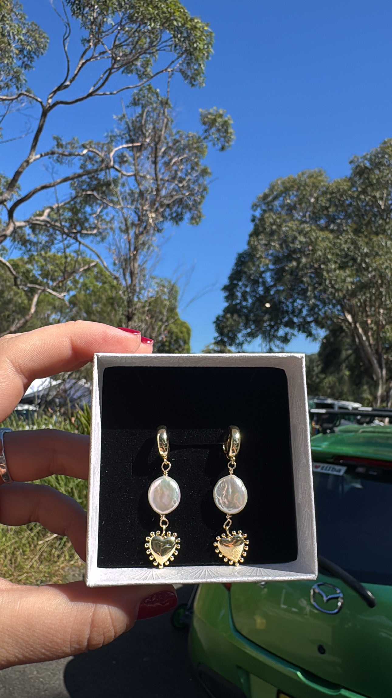 Gold pearl heart earrings