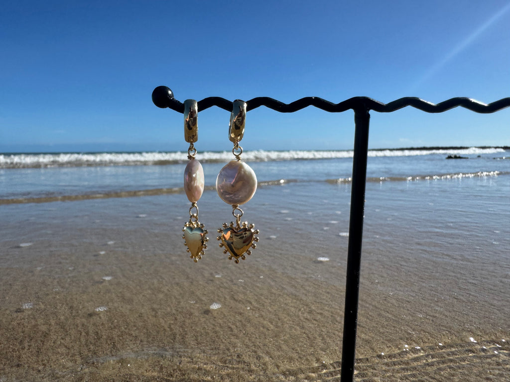 Gold pearl heart earrings