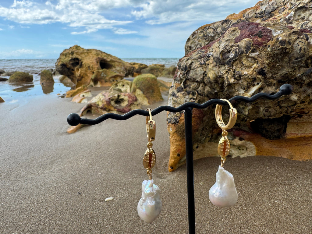 Baroque cowrie gold earrings