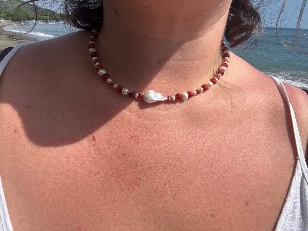 Carnelian and baroque pearl choker