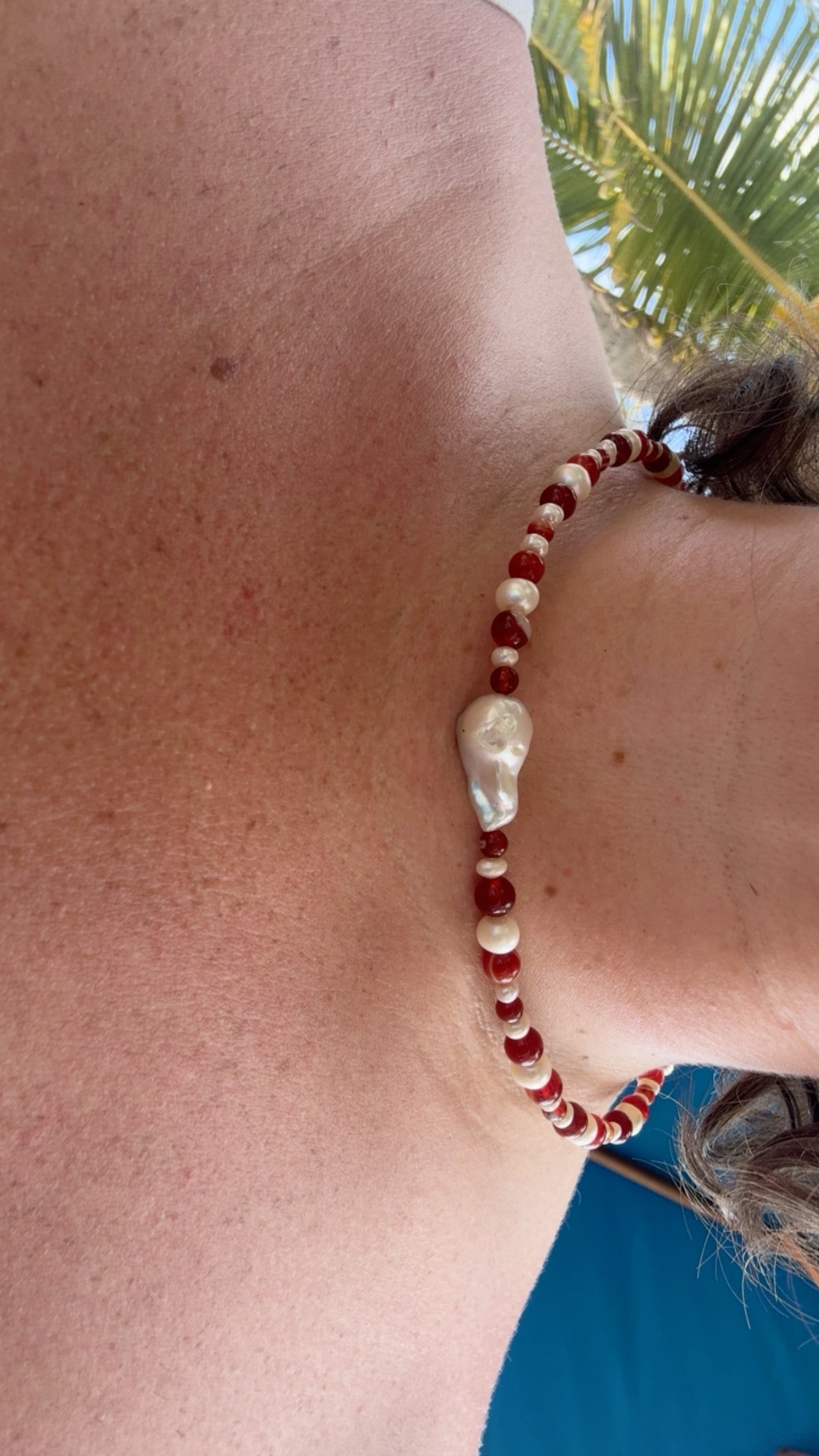 Carnelian and baroque pearl choker