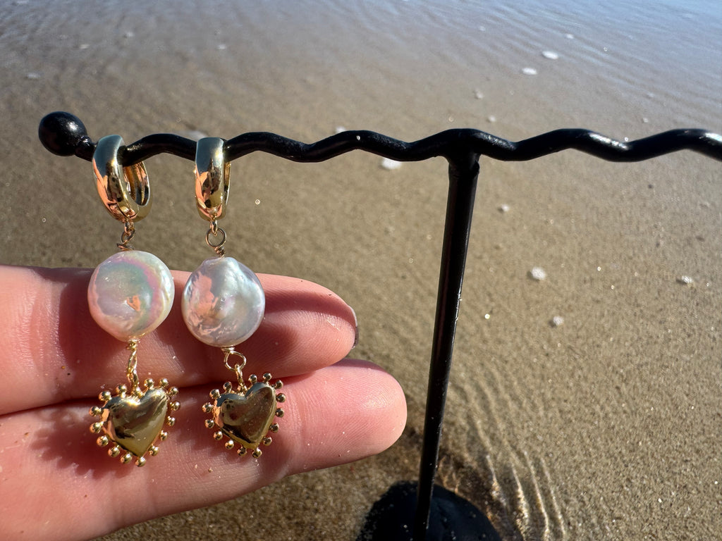 Gold pearl heart earrings