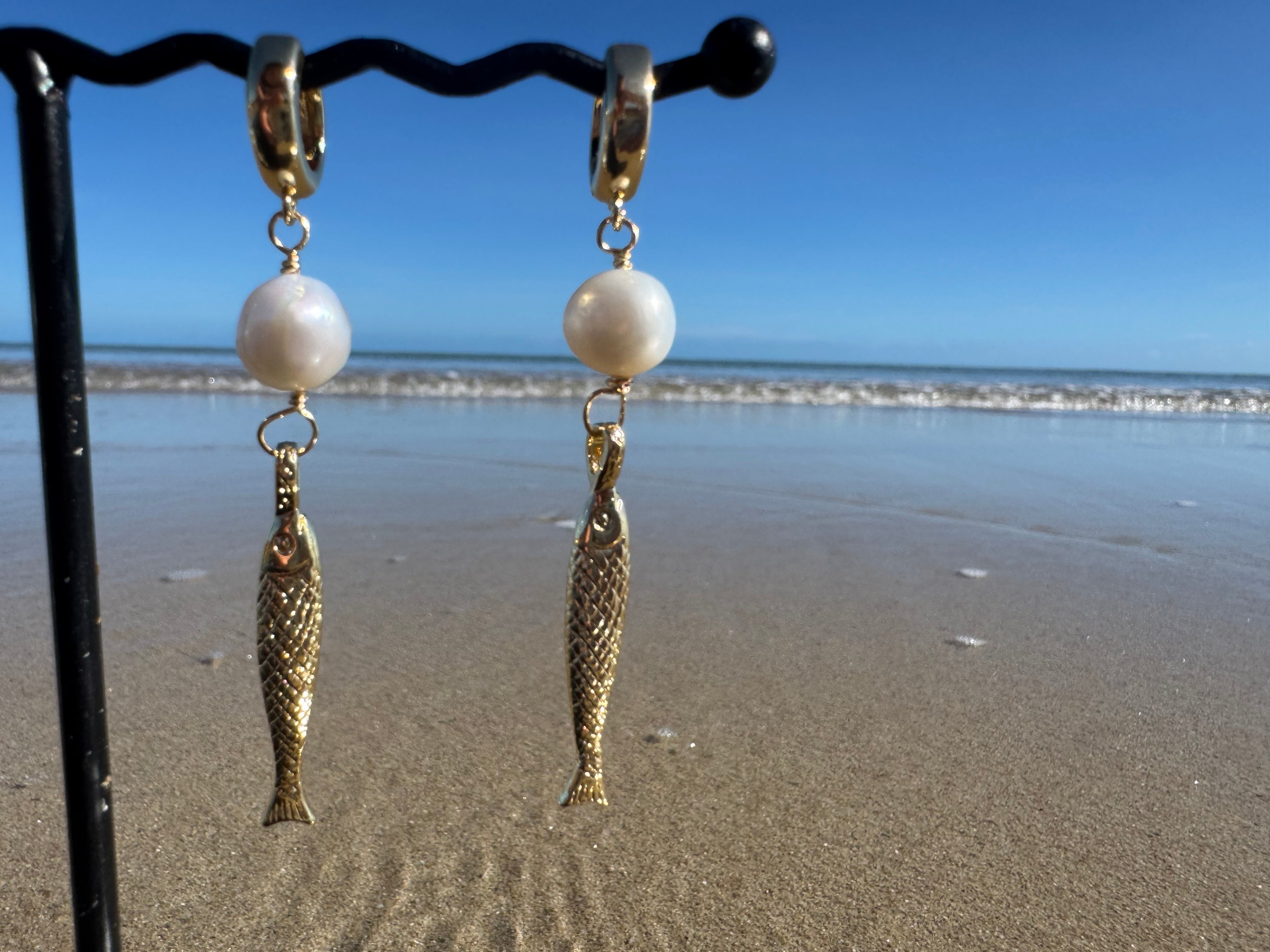 Gold and silver fishy pearl earrings