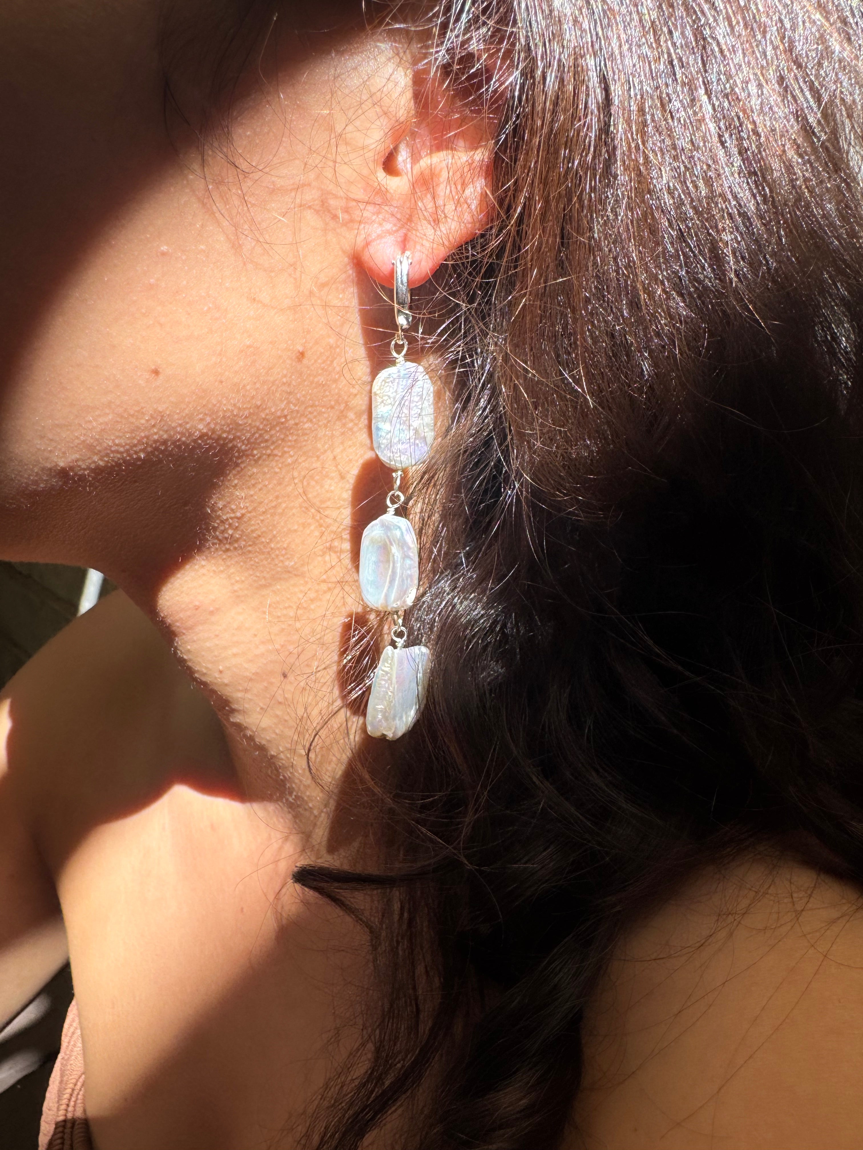 Triple rectangle pearl drop earrings