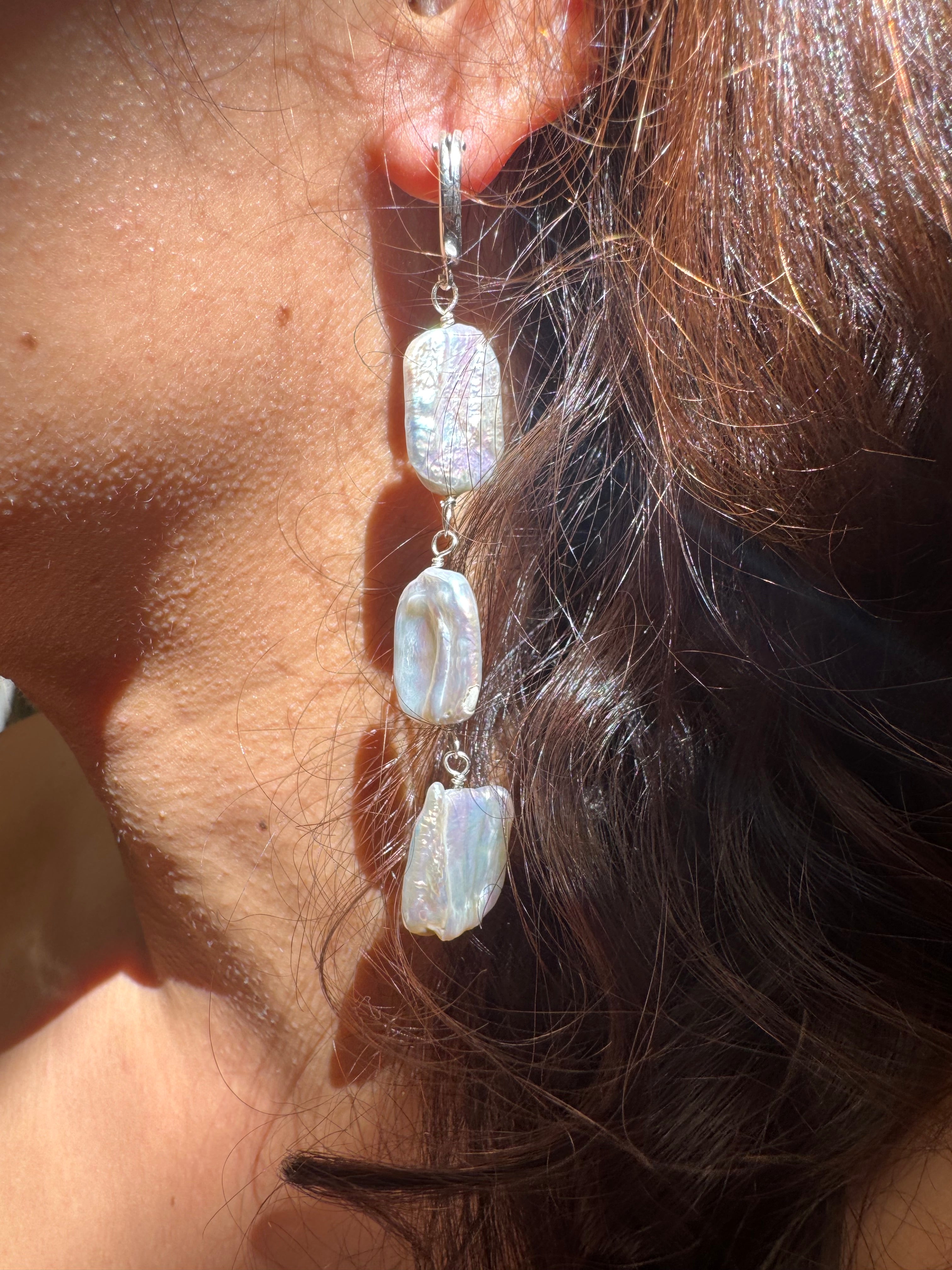 Triple rectangle pearl drop earrings