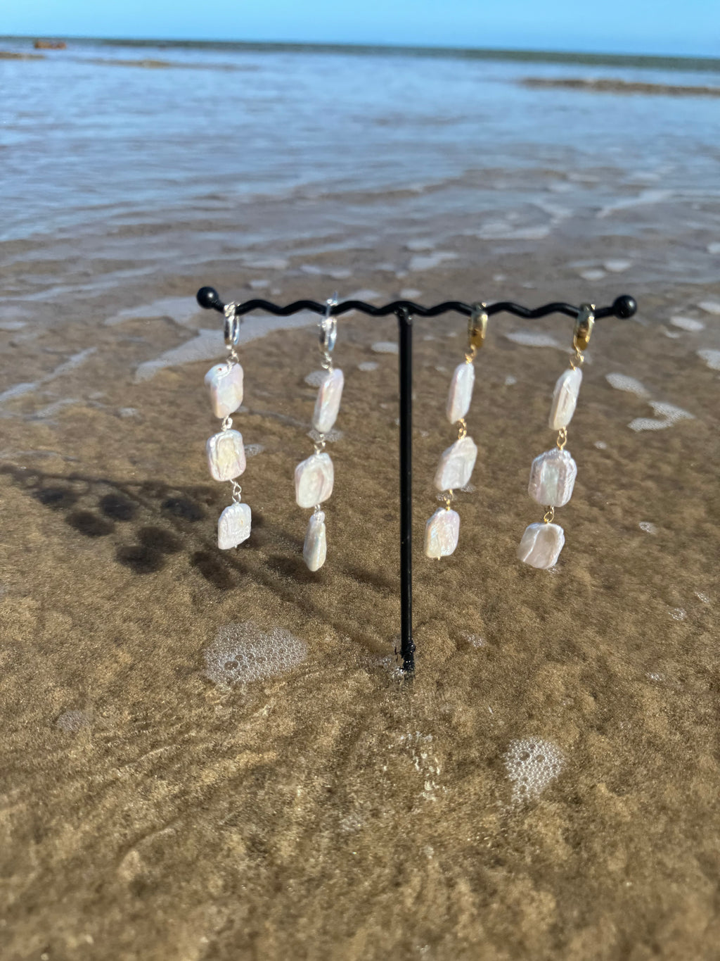Triple rectangle pearl drop earrings