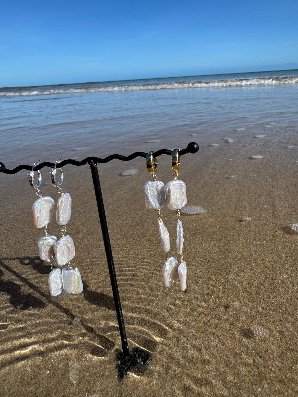 Triple rectangle pearl drop earrings