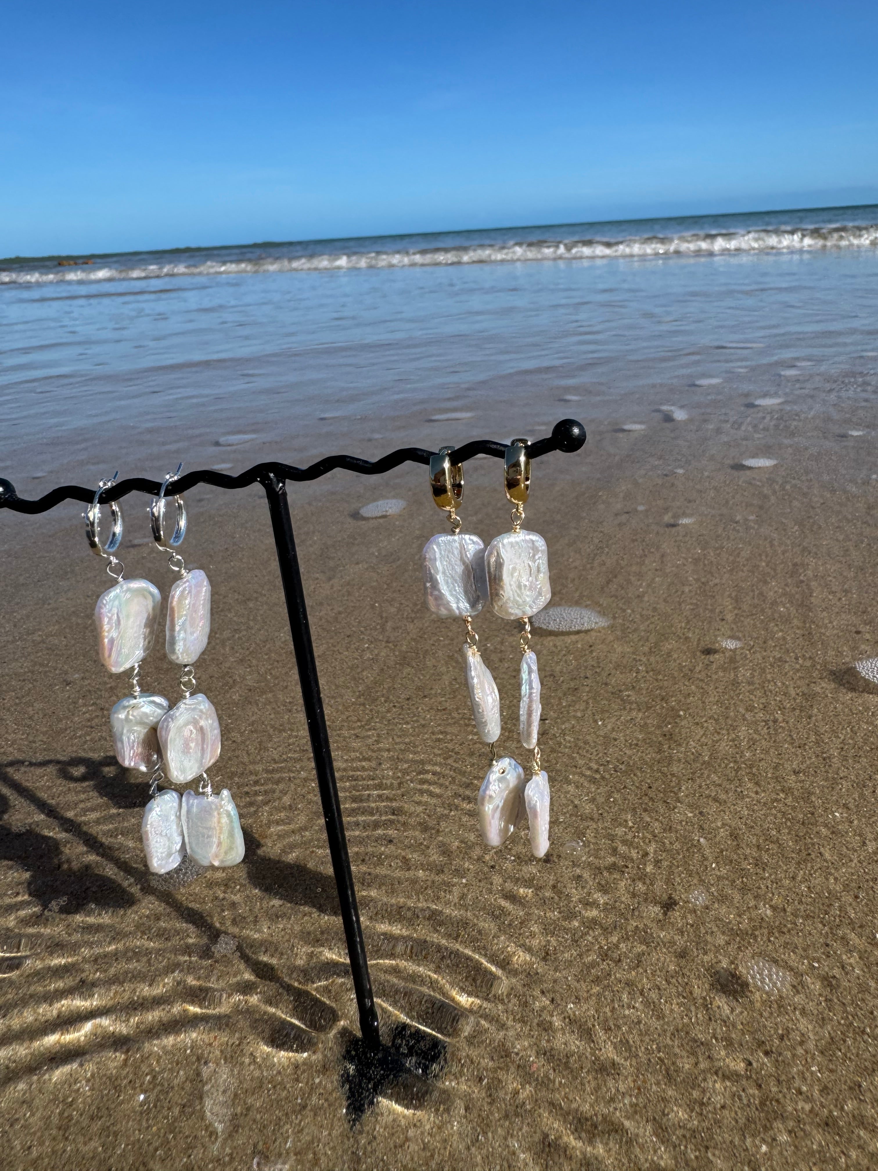 Triple rectangle pearl drop earrings