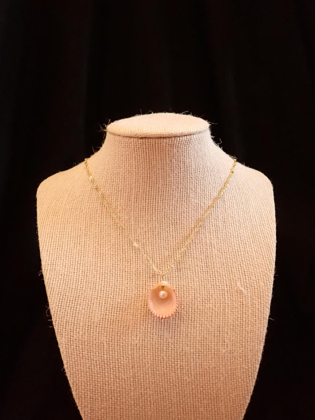 Cockleshell / clam with pearl inside on gold chain necklace